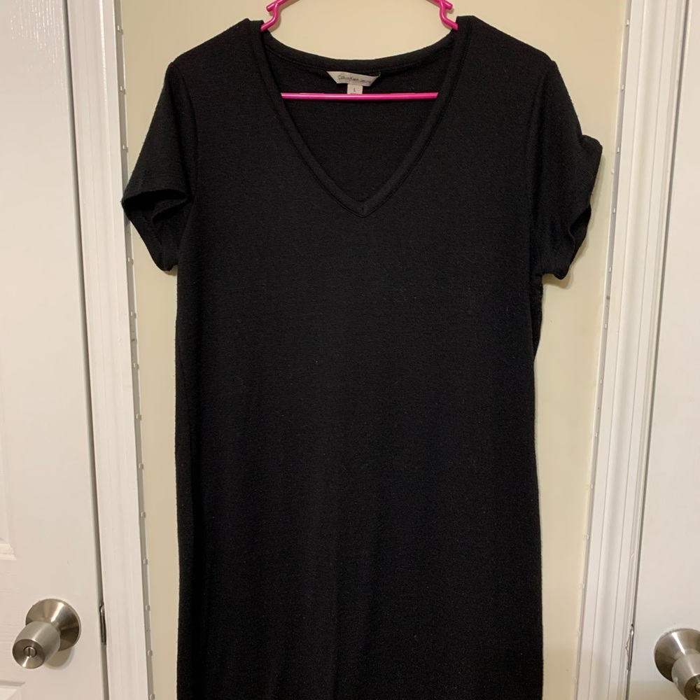 Calvin Klein Black Midi Sheath Dress with V-Neck